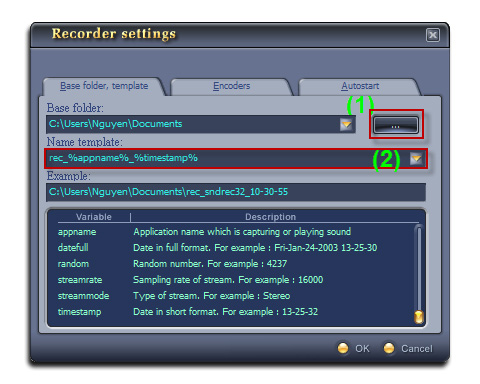 Fig 03: Recoder Settings - Base folder, template tab